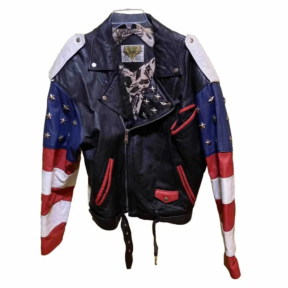 Vintage Phase 2 Leather Jacket Mens Size S American Flag Biker USA Studded Stars - Picture 2 of 16